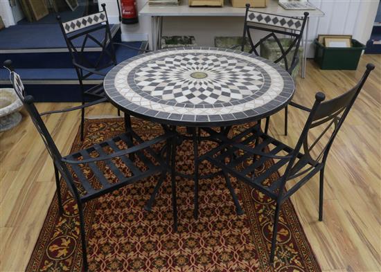 A mosaic garden table and four chairs W.100cm